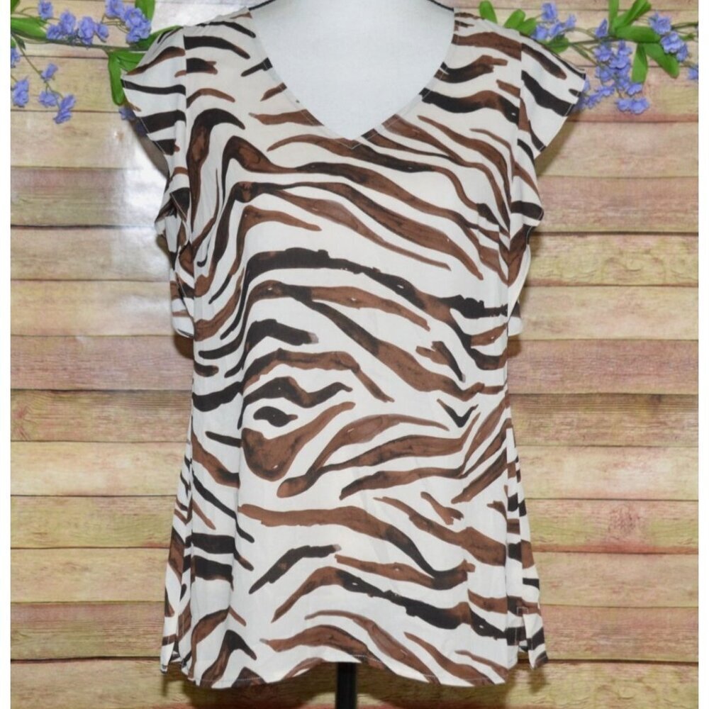 Cabi Ladies Brown Animal Tiger Print V-Neck Cap Sleeve Blouse Top Size S Light